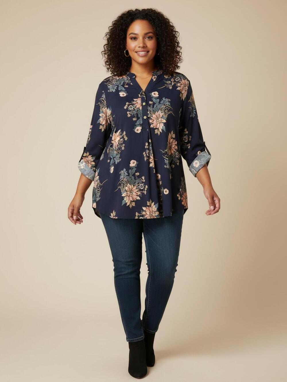 Love Ryan Los Angeles XL Navy Blue Floral Button-Up Blouse